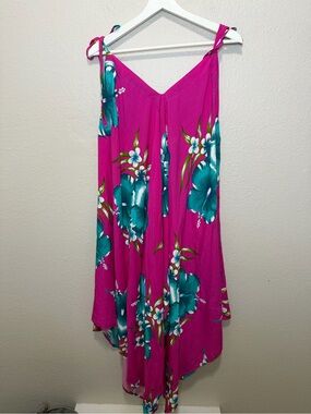 NWT Aloha Hawaiian Floral Maxi Dress One Size Magenta Pink Tie Strap Boho